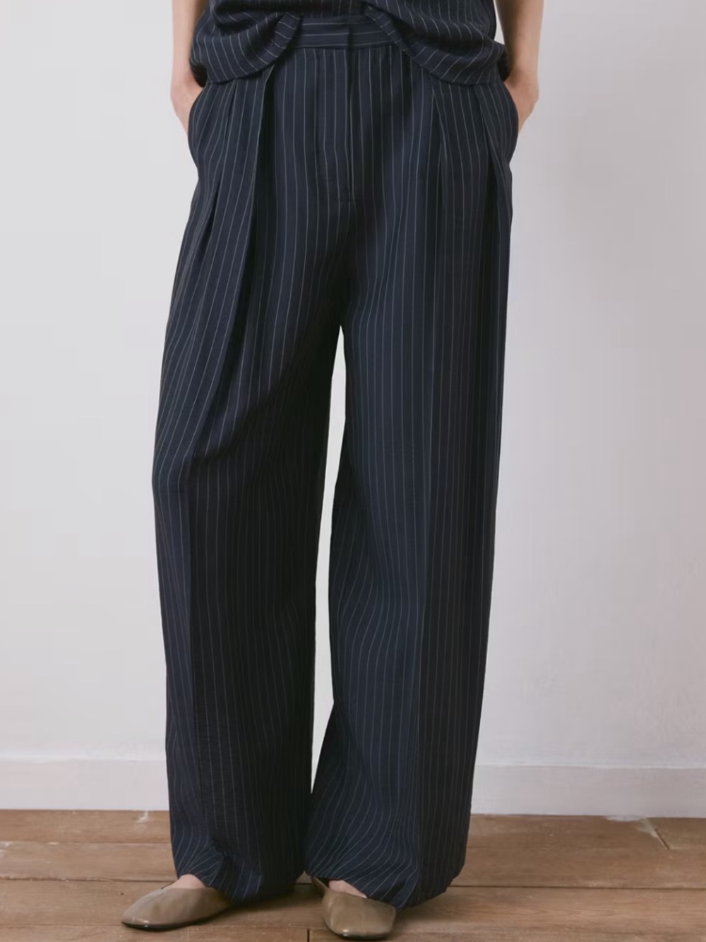 Mango Navy Pinstripe Pleated Wide-Leg Trousers PINSTRIPE WIDE LEG TROUSERS 4091